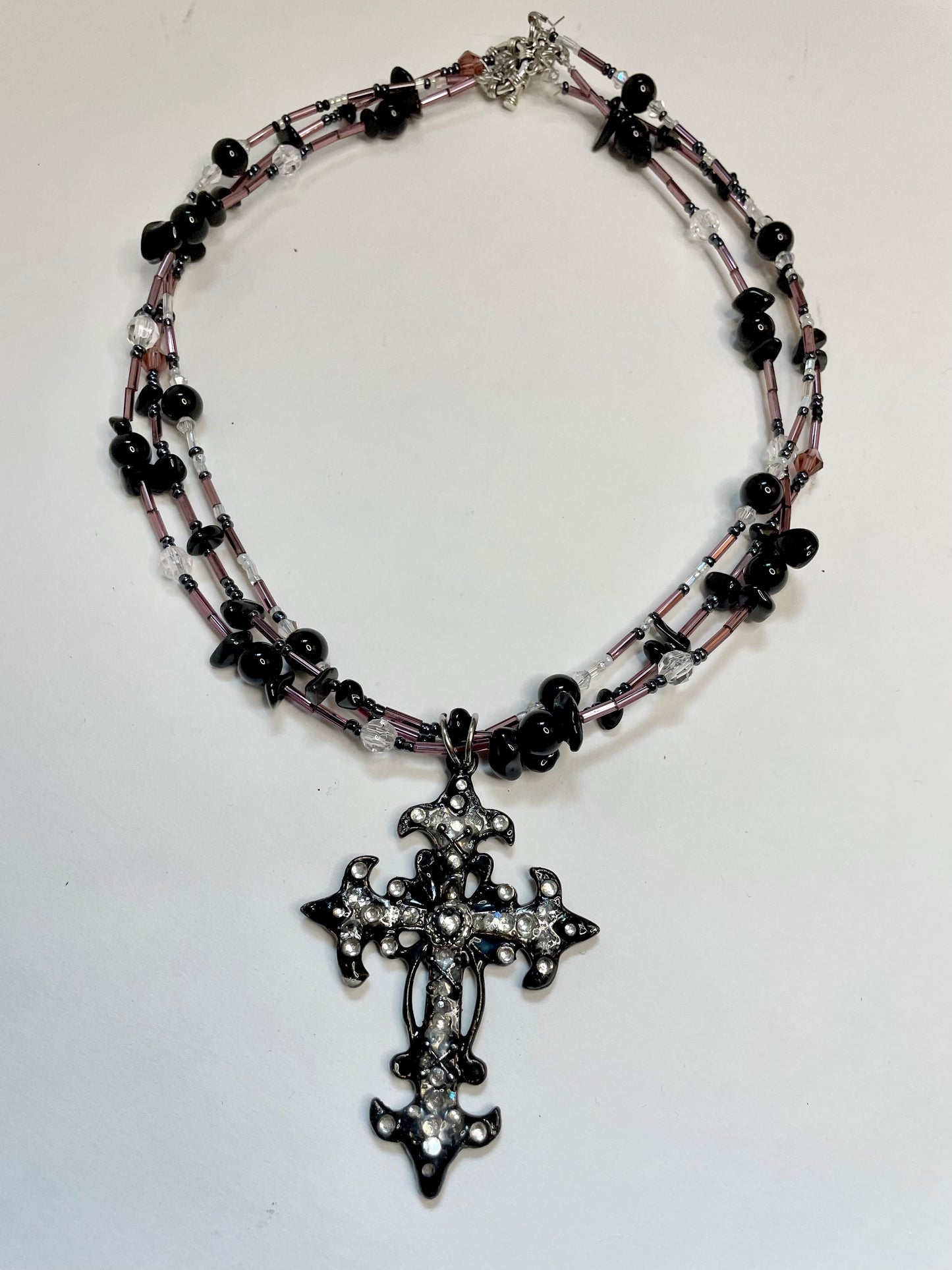 tricky triple layer rhinestone cross choker