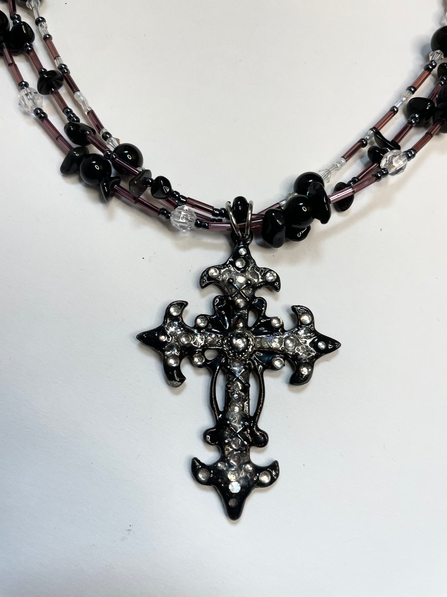 tricky triple layer rhinestone cross choker