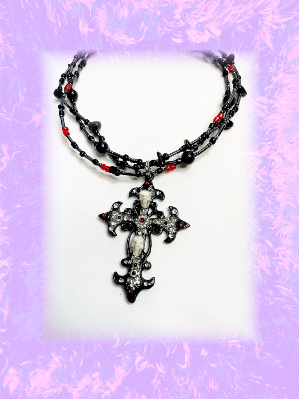 reaper triple layer rhinestone cross choker