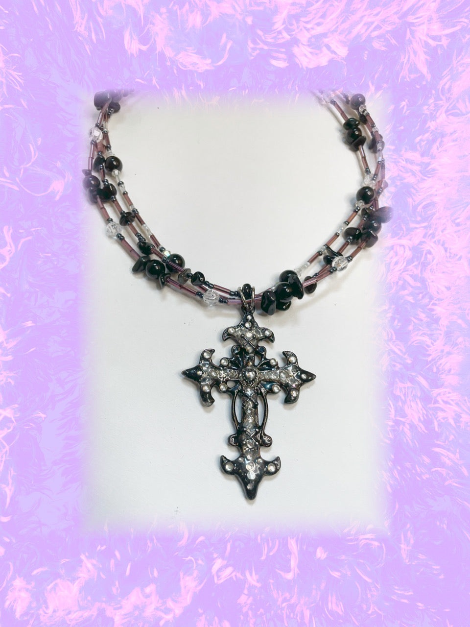 tricky triple layer rhinestone cross choker