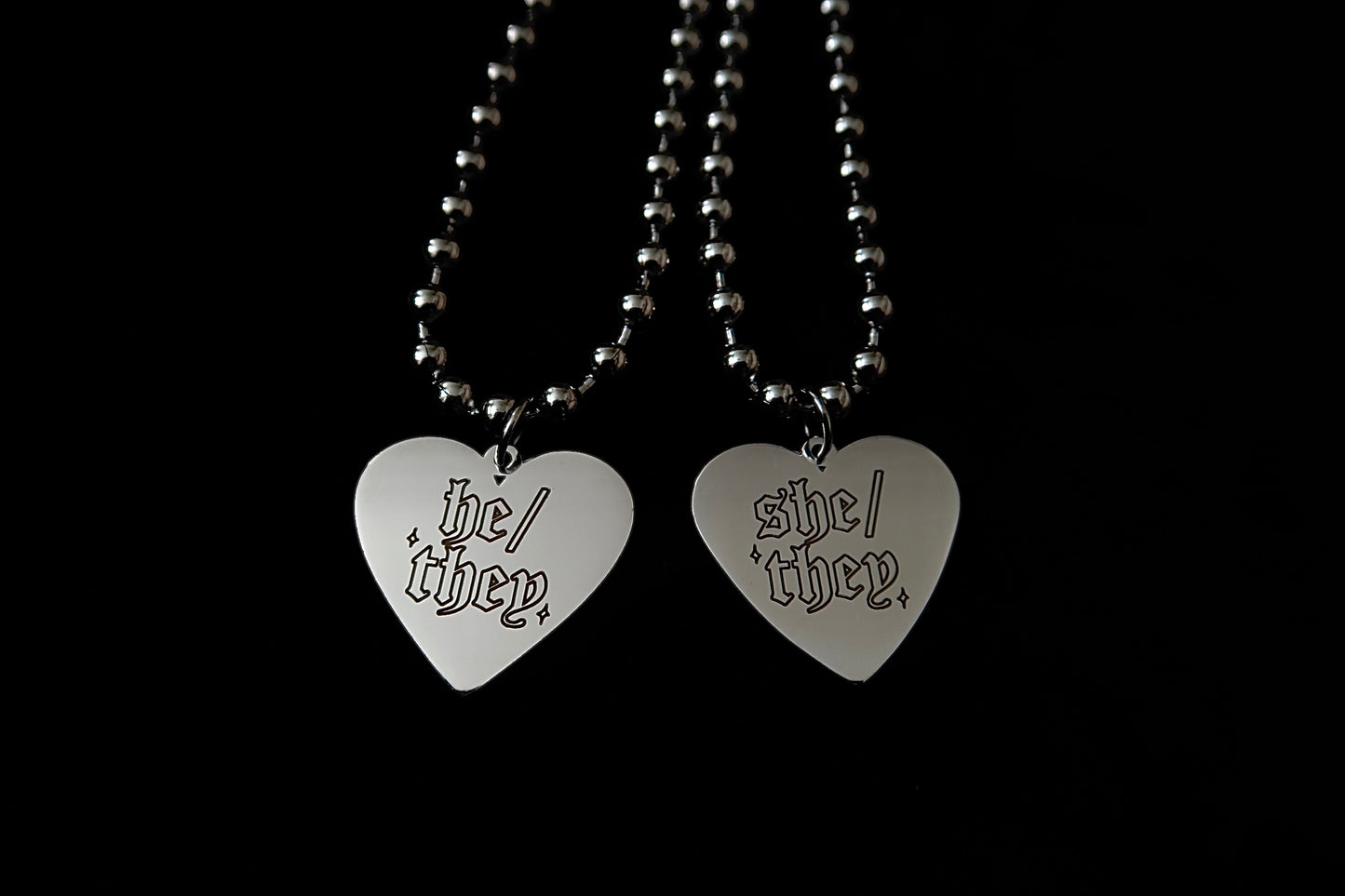 he/they ✮ she/they heart ball chain necklace
