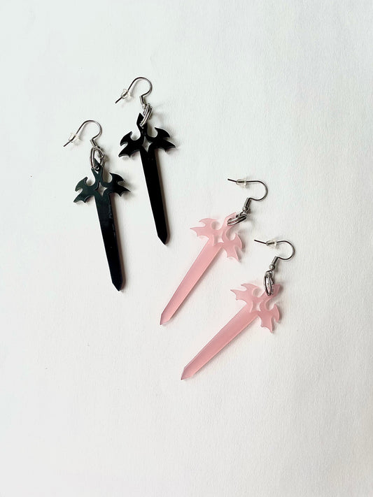 misery sword earrings in pink and black