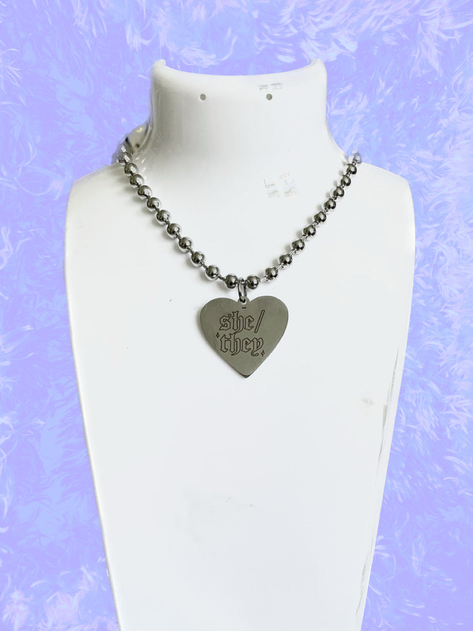 he/they ✮ she/they heart ball chain necklace