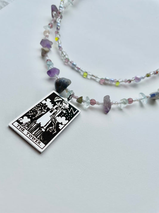 tower tarot card necklace - amethyst + lime