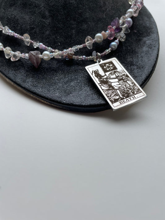 death tarot card necklace - pearl + amethyst